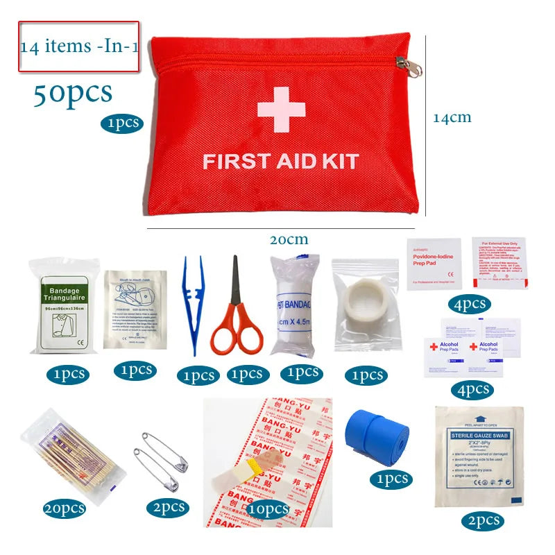 50pcs Set Portable First Aid Kit Red Car Emergency Kit Accessories For